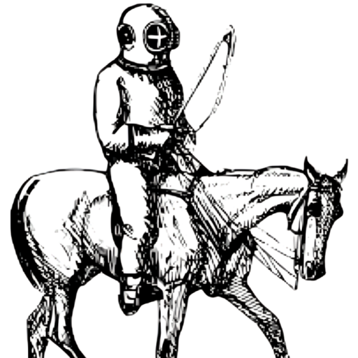 A black and white drawing of a deep sea diver riding a horse CC0 1.0 Universal: Openclipart